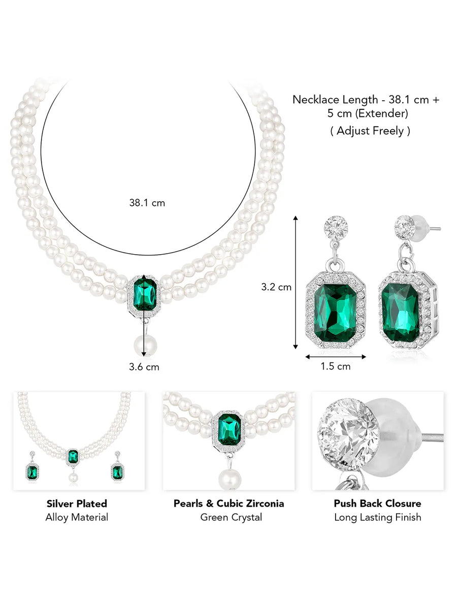 White-Green necklace earrings set crafted from alloy, adorned with pearls cubic zirconia & crystal for an elegant, timeless look | Peora
