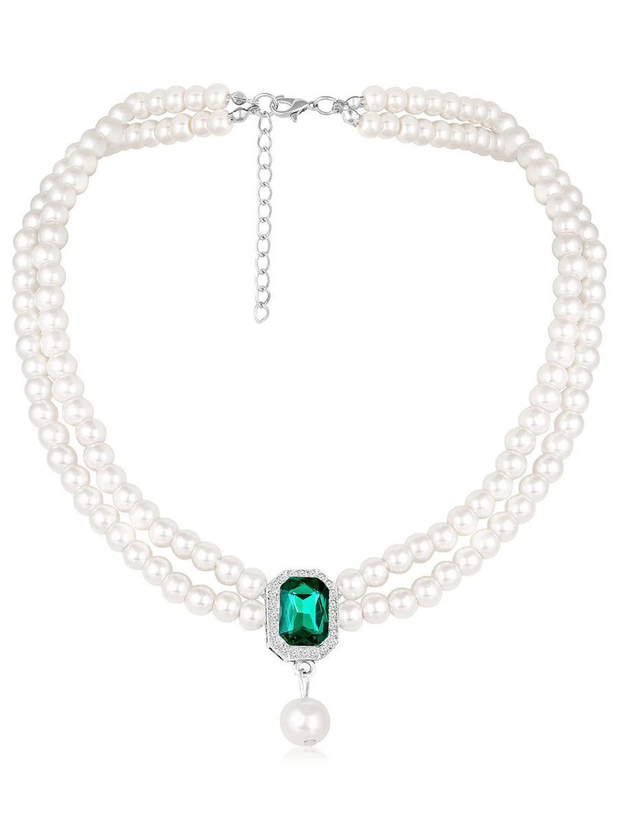White-Green necklace earrings set crafted from alloy, adorned with pearls cubic zirconia & crystal for an elegant, timeless look | Peora
