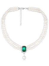 White-Green necklace earrings set crafted from alloy, adorned with pearls cubic zirconia & crystal for an elegant, timeless look | Peora
