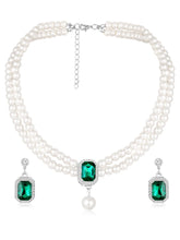White-Green necklace earrings set crafted from alloy, adorned with pearls cubic zirconia & crystal for an elegant, timeless look | Peora
