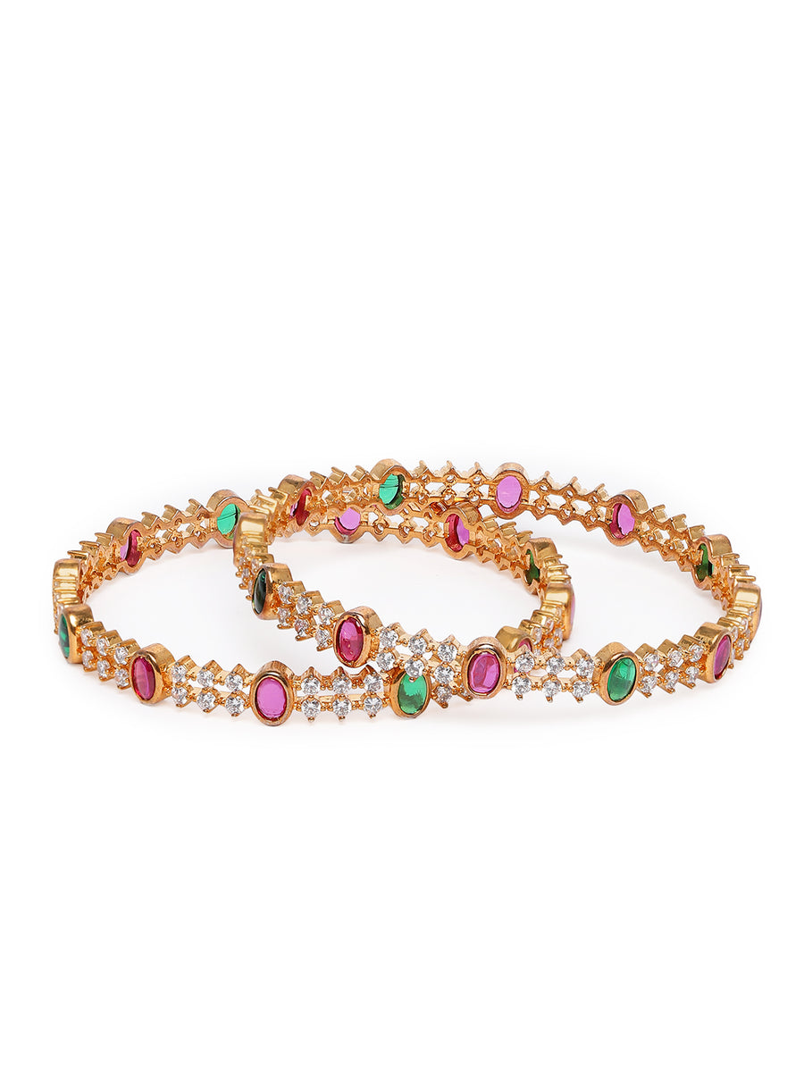 Gleaming Crystal Lined Bangles in Gold - Rani Pink Green featuring Crystals bangle set 
