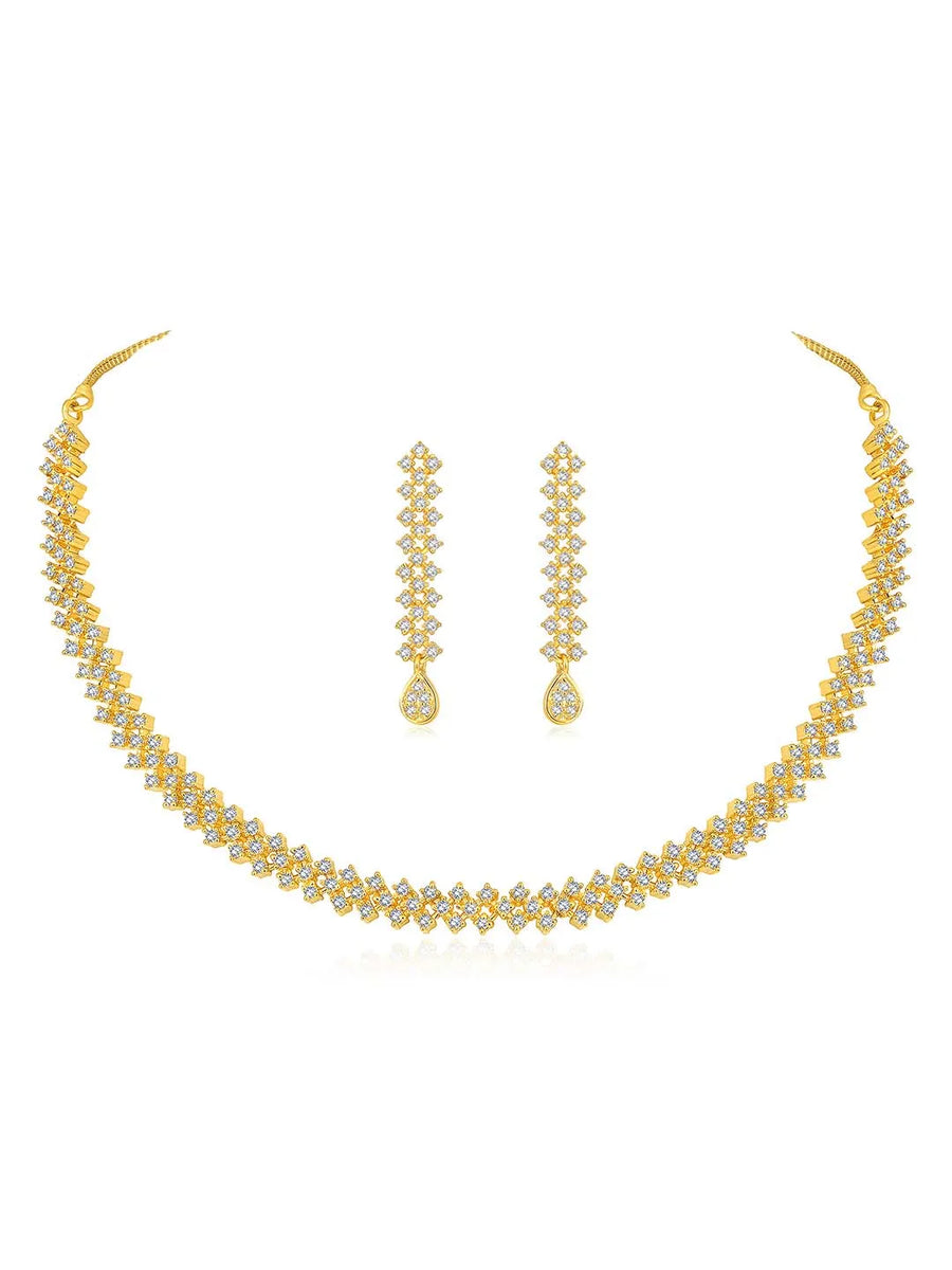 Chic Shine CZ Studded Necklace Set. A gold-plated necklace set with earrings & cubic zirconia stones. 