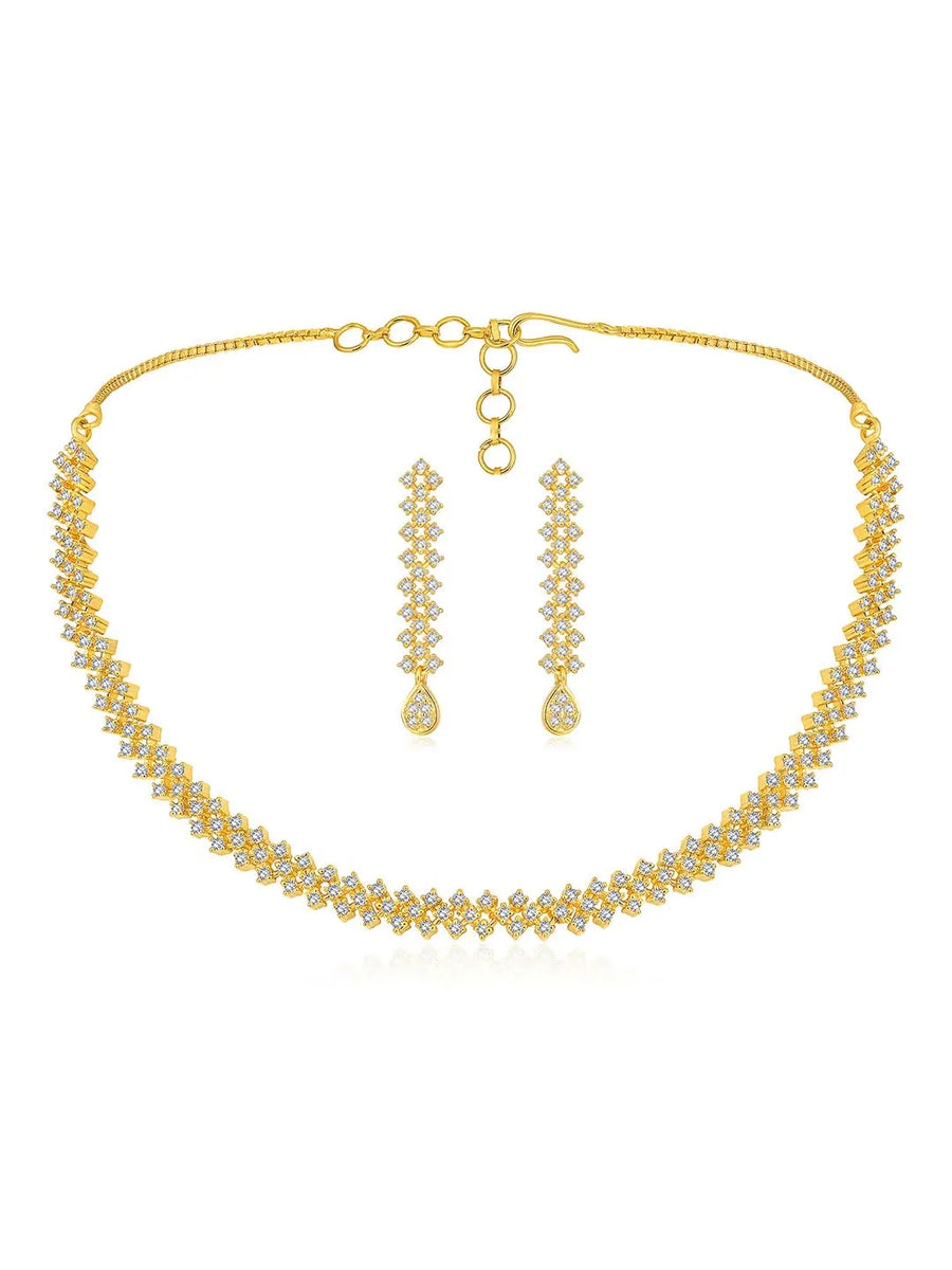Chic Shine CZ Studded Necklace Set. A gold-plated necklace set with earrings & cubic zirconia stones. 