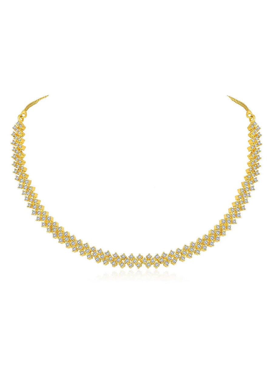 Chic Shine CZ Studded Necklace Set. A gold-plated necklace set with earrings & cubic zirconia stones. 