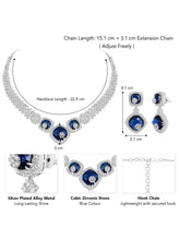 Exquisite CZ Necklace Sets Collection. A silver-colored necklace and earring set with blue and white cubic zirconia stones.