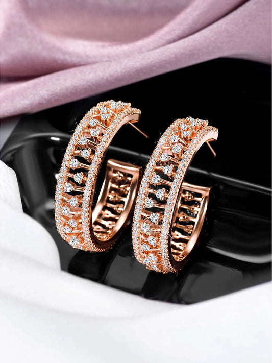 Elegance CZ Half Hoops Earrings. Rose gold-plated half hoop earrings with cubic zirconia.