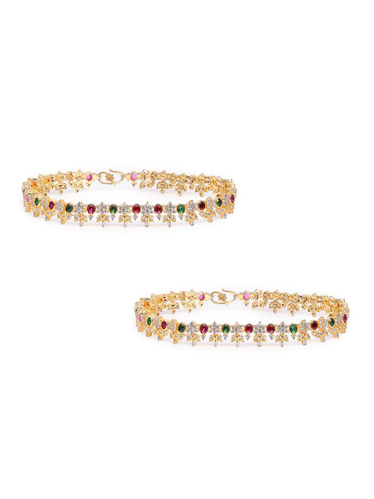 Sparkling Floral CZ Motif Anklet in Rani Pink Green featuring Crystals anklet  
