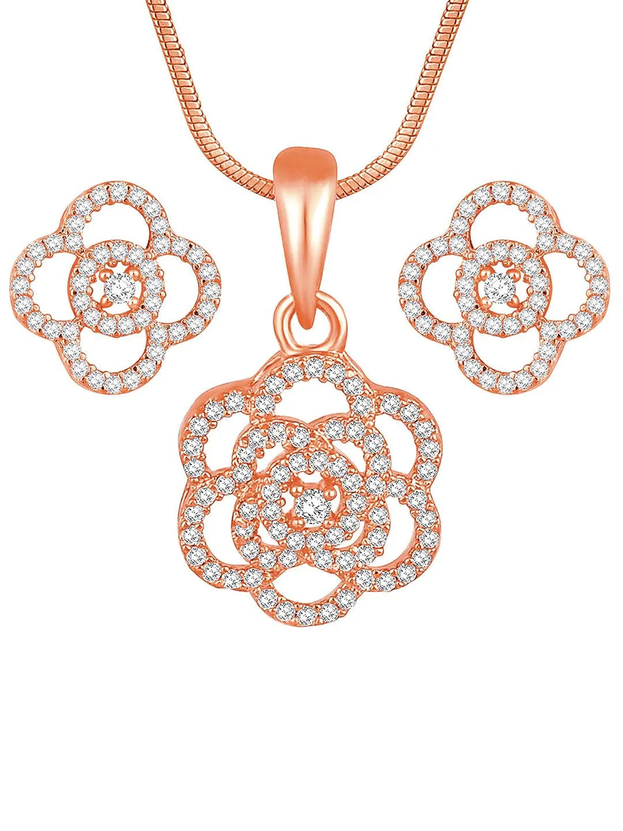 CZ Petal Perfection Pendant Set. Rose gold-plated pendant set with a floral design with earrings & CZ stones.