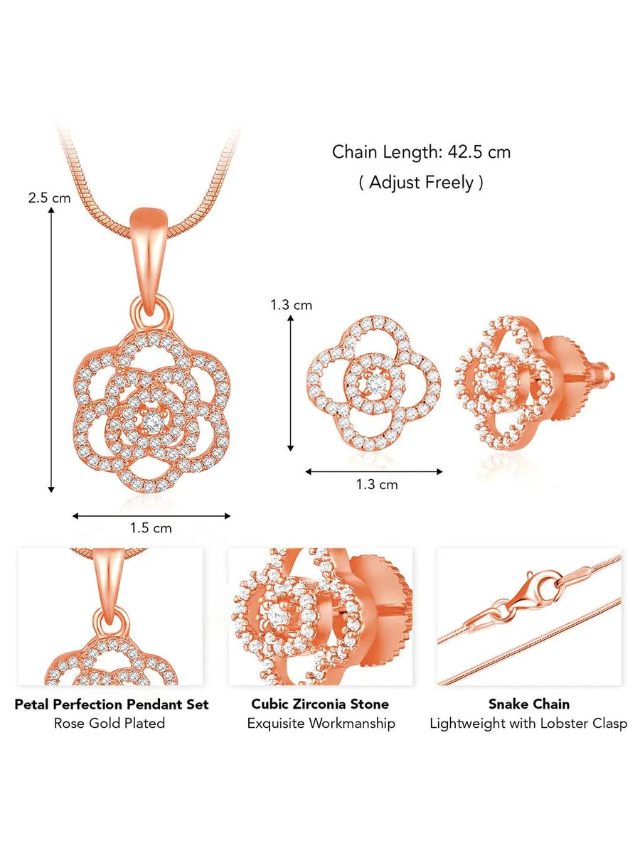 CZ Petal Perfection Pendant Set. Rose gold-plated pendant set with a floral design with earrings & CZ stones.