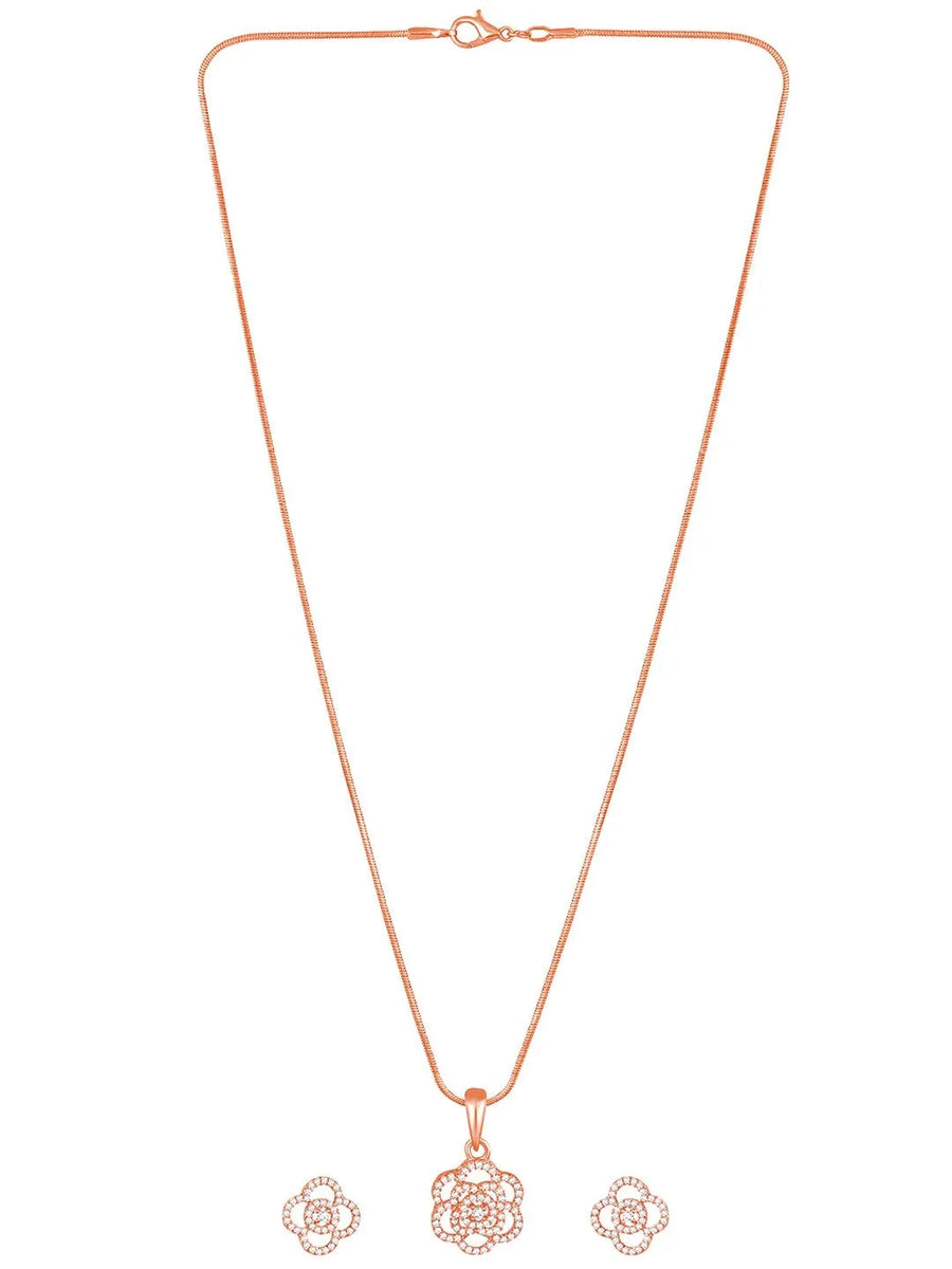 CZ Petal Perfection Pendant Set. Rose gold-plated pendant set with a floral design with earrings & CZ stones.