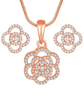 CZ Petal Perfection Pendant Set. Rose gold-plated pendant set with a floral design with earrings & CZ stones.