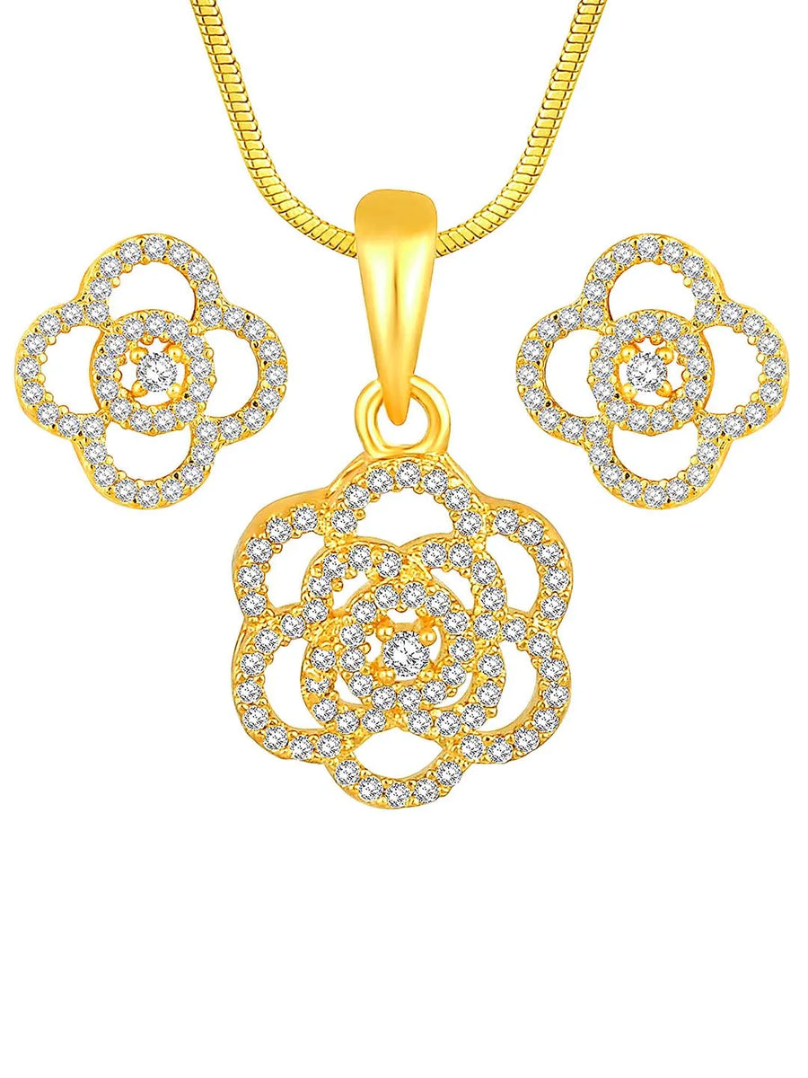 CZ Petal Perfection Pendant Set. Gold-plated pendant set with a floral design with earrings & CZ stones.
