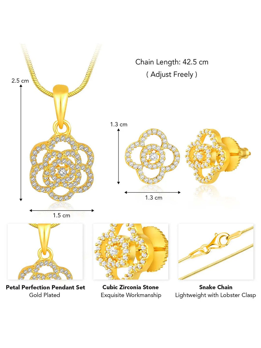 CZ Petal Perfection Pendant Set. Gold-plated pendant set with a floral design with earrings & CZ stones.