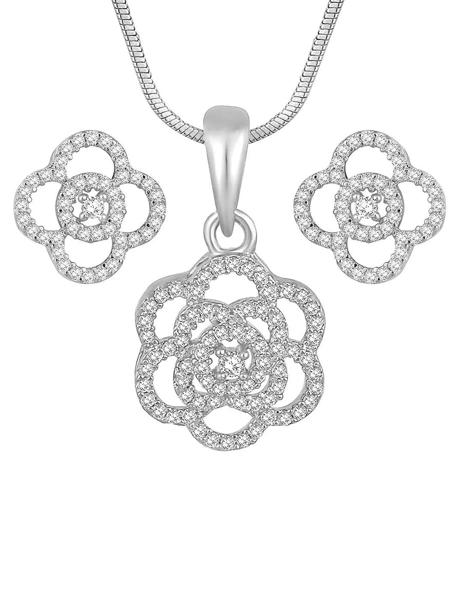 CZ Petal Perfection Pendant Set. Silver-plated pendant set with a floral design with earrings & CZ stones.