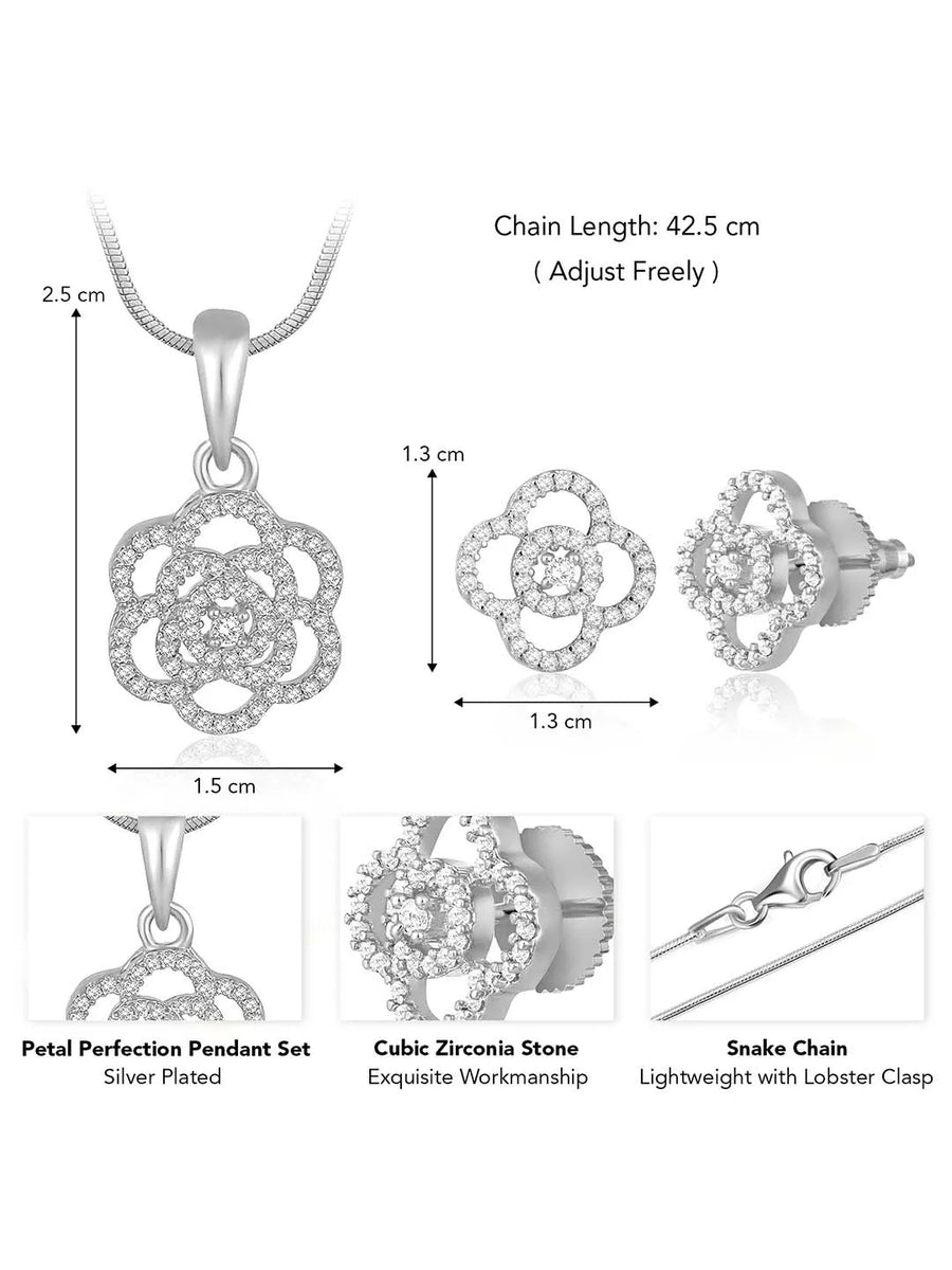 CZ Petal Perfection Pendant Set. Silver-plated pendant set with a floral design with earrings & CZ stones.