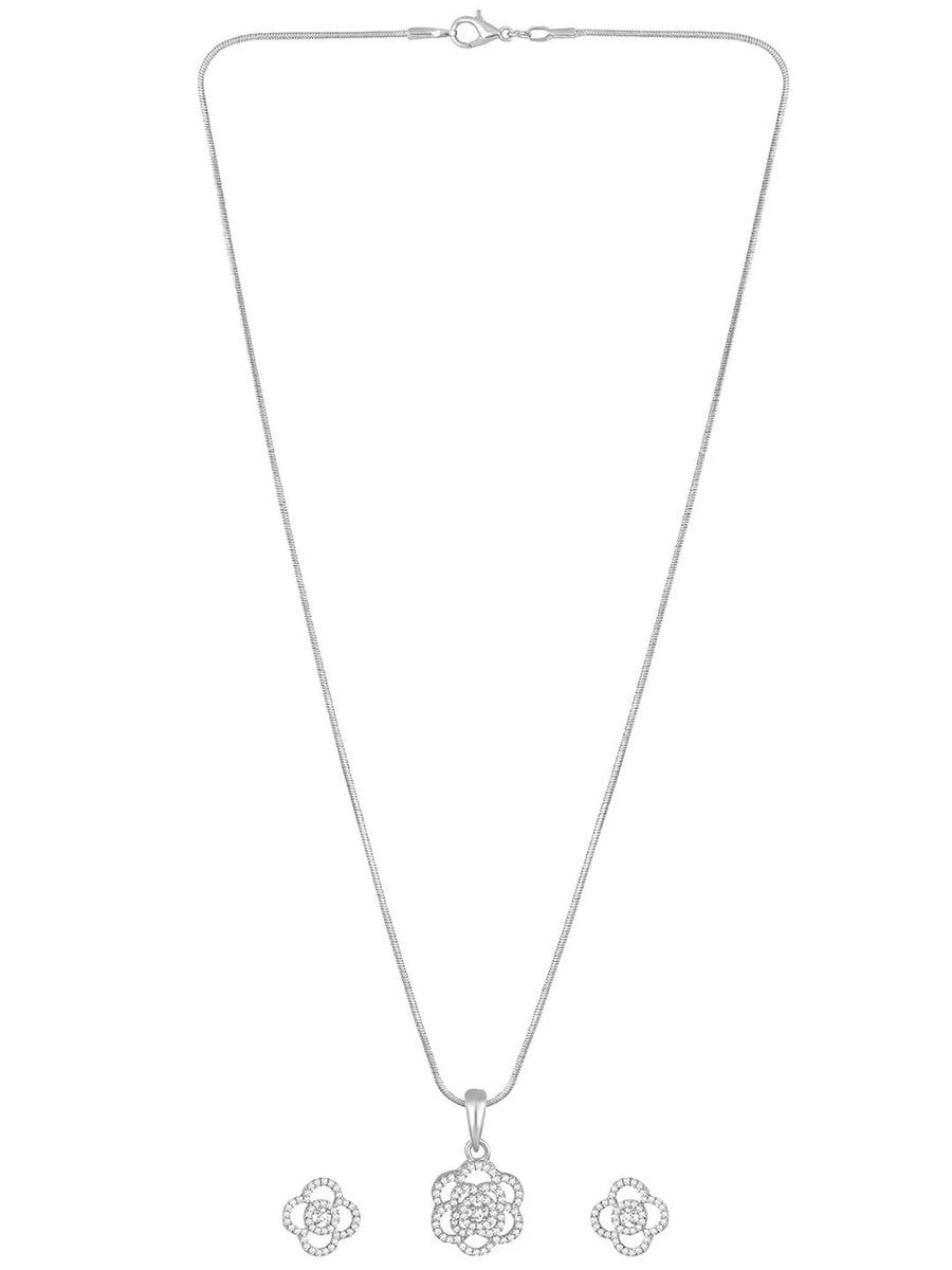 CZ Petal Perfection Pendant Set. Silver-plated pendant set with a floral design with earrings & CZ stones.