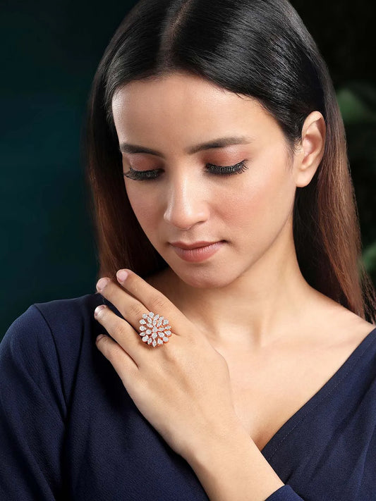 Stylish Shine CZ Statement Ring by Peora. A rose gold-plated adjustable ring with CZ stones with pattern.