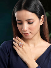 Stylish Shine CZ Statement Ring by Peora. A rose gold-plated adjustable ring with CZ stones with pattern.
