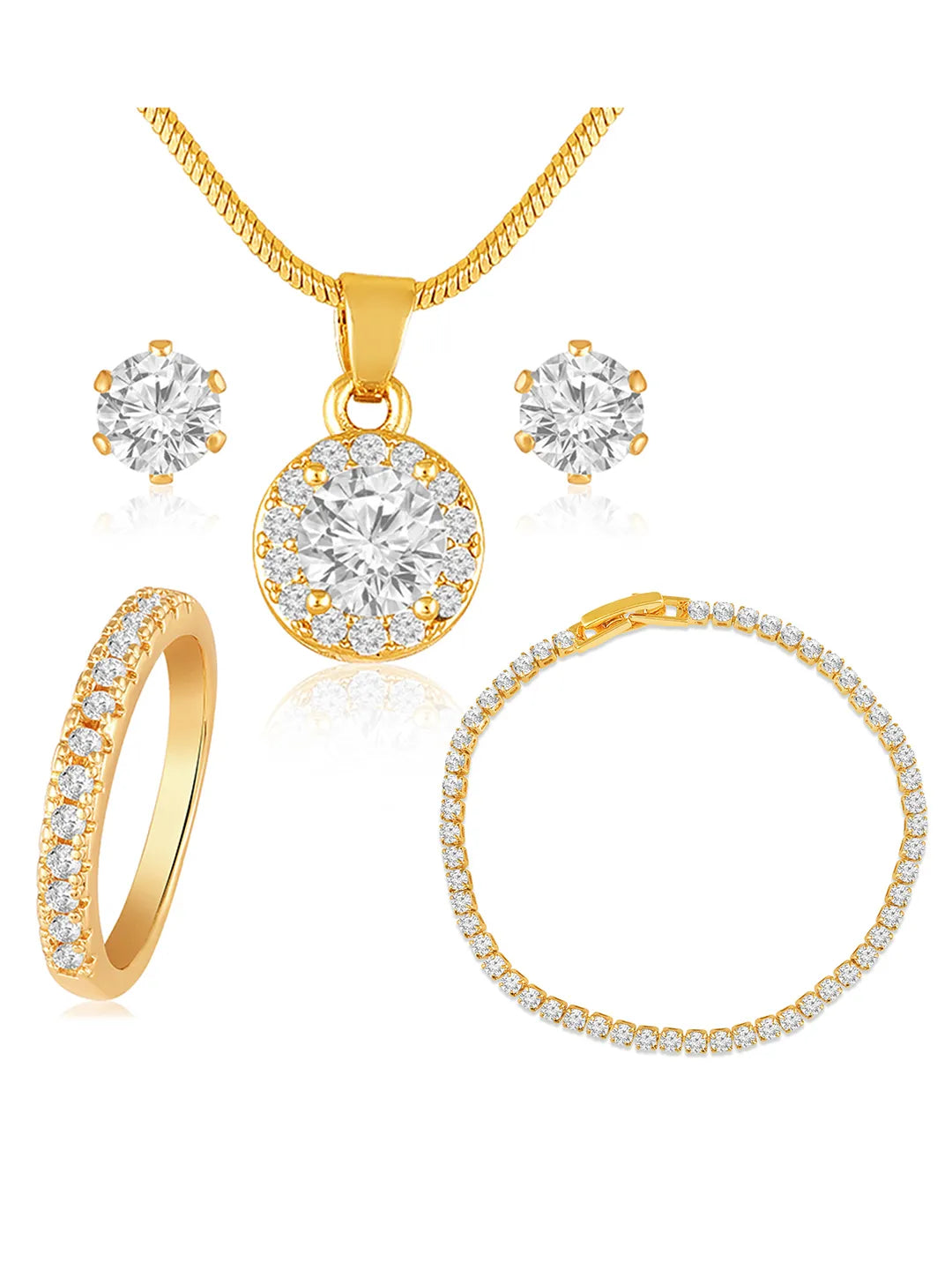 Gold pendant chain earring bracelet ring set named Radiant Rounds CZ Solitaire Pendant Set, embellished with crystals & cubic zirconia accents and fine craftsmanship | Peora
