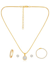 Gold pendant chain earring bracelet ring set named Radiant Rounds CZ Solitaire Pendant Set, embellished with crystals & cubic zirconia accents and fine craftsmanship | Peora
