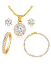 Gold pendant chain earring bracelet ring set named Radiant Rounds CZ Solitaire Pendant Set, embellished with crystals & cubic zirconia accents and fine craftsmanship | Peora
