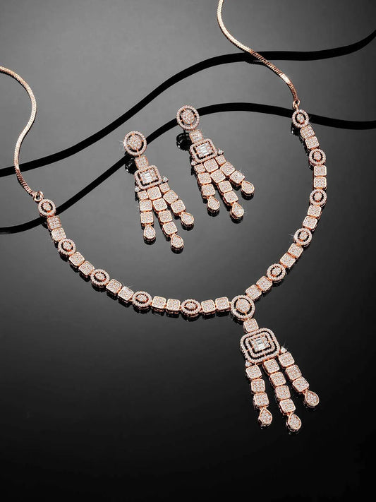 Sparkling Radiant Drops CZ Necklace Set by Peora. Rose gold plating Necklace and earrings with cubic zirconia stones.