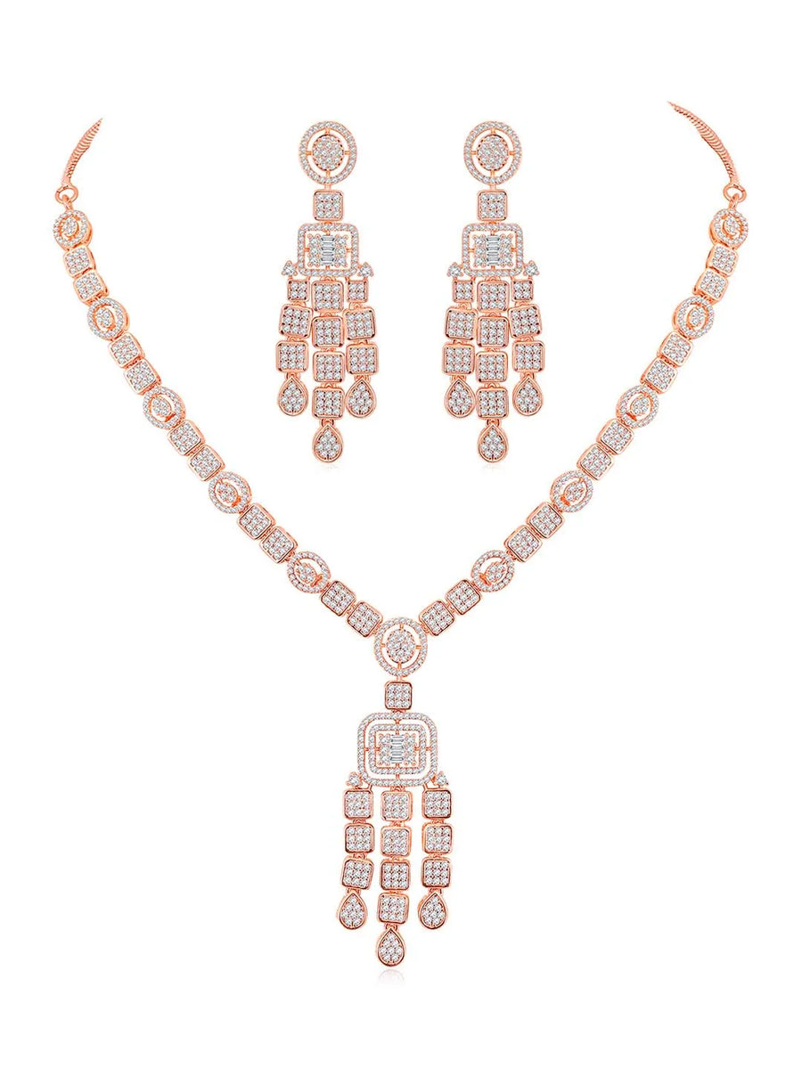Sparkling Radiant Drops CZ Necklace Set by Peora. Rose gold plating Necklace and earrings with cubic zirconia stones.