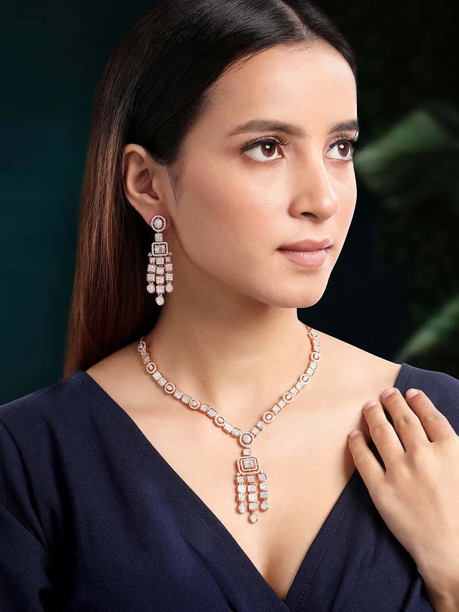Sparkling Radiant Drops CZ Necklace Set by Peora. Rose gold plating Necklace and earrings with cubic zirconia stones.