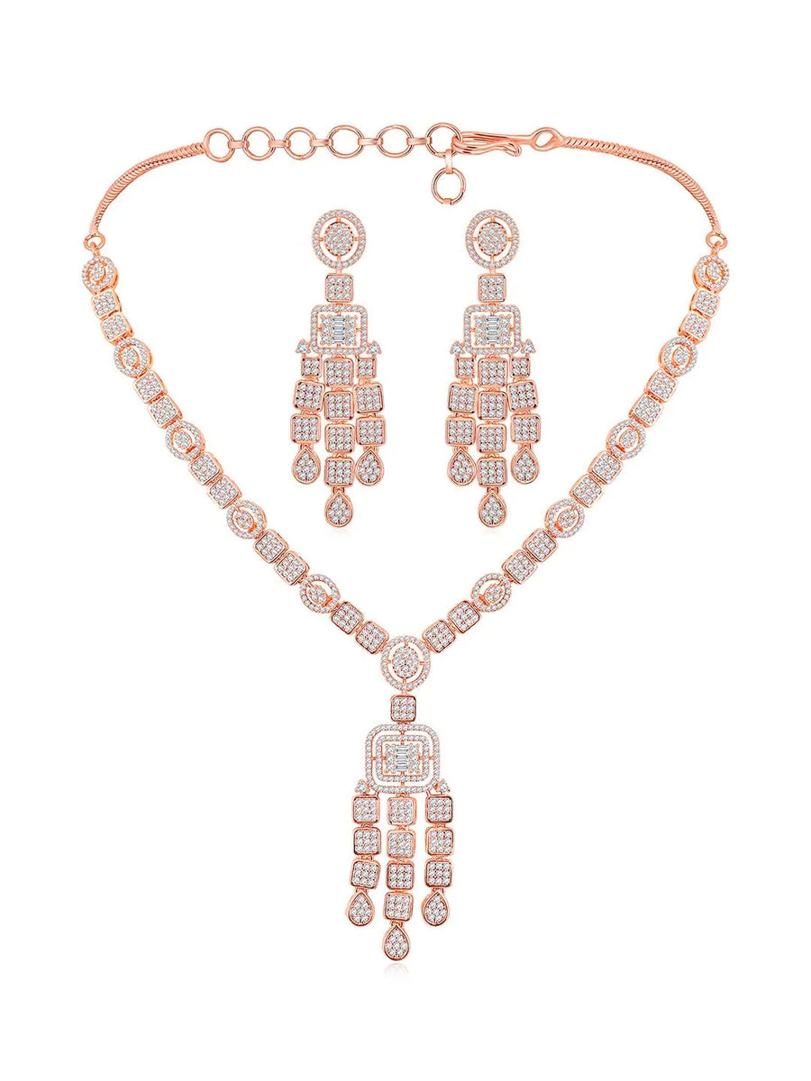 Sparkling Radiant Drops CZ Necklace Set by Peora. Rose gold plating Necklace and earrings with cubic zirconia stones.