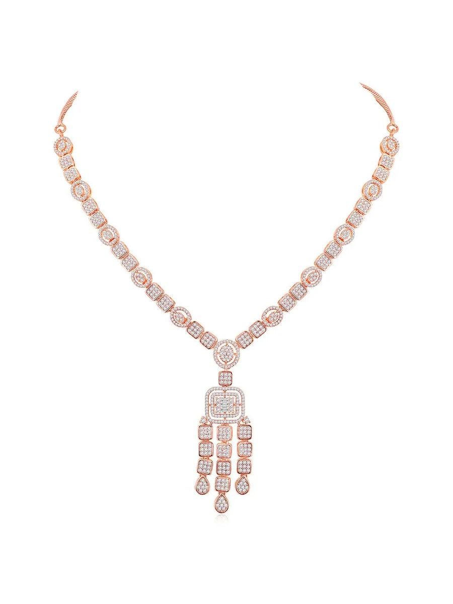 Sparkling Radiant Drops CZ Necklace Set by Peora. Rose gold plating Necklace and earrings with cubic zirconia stones.