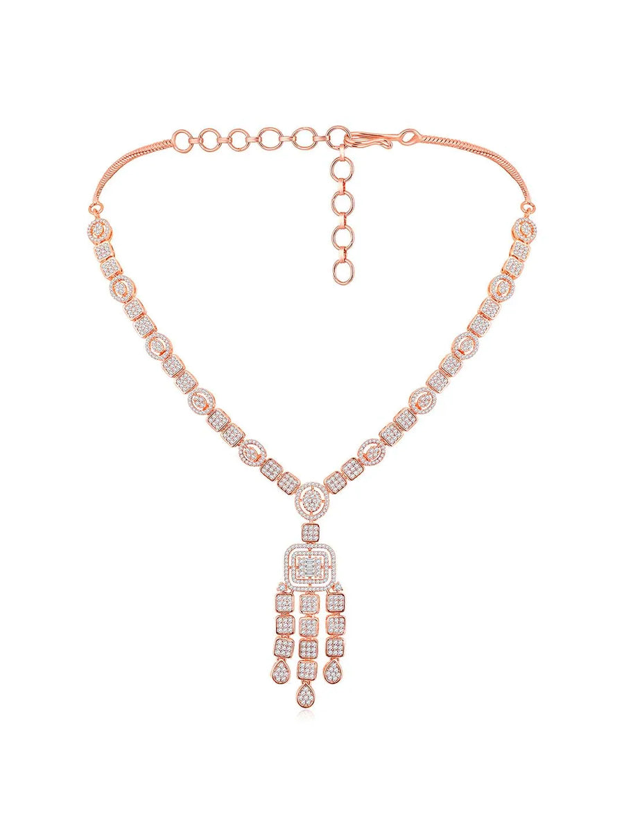 Sparkling Radiant Drops CZ Necklace Set by Peora. Rose gold plating Necklace and earrings with cubic zirconia stones.