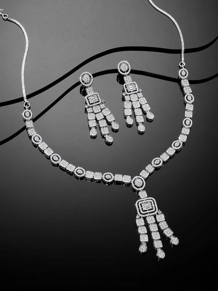 Sparkling Radiant Drops CZ Necklace Set by Peora. Silver plating Necklace and earrings with cubic zirconia stones.