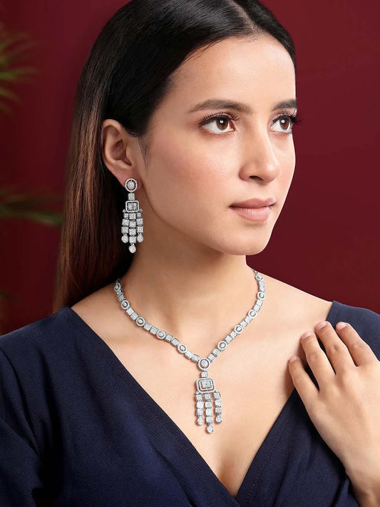 Sparkling Radiant Drops CZ Necklace Set by Peora. Silver plating Necklace and earrings with cubic zirconia stones.