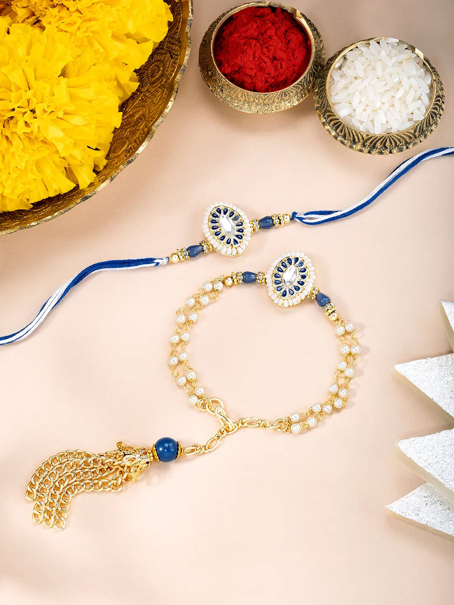 Close-up of Intricate Meena Work Rakhi Set for Couple featuring blue & gold thread, beads work, and gold plating – ideal for Raksha Bandhan | Peora
