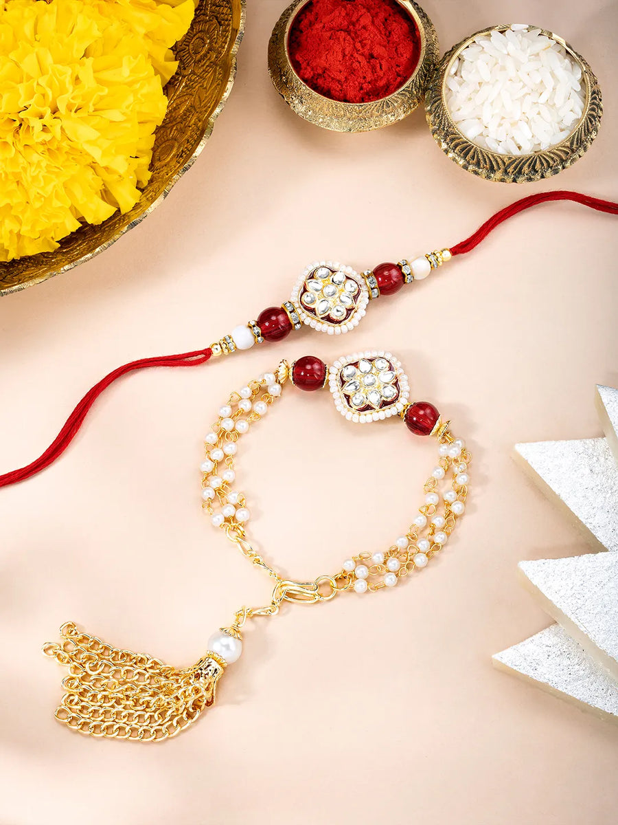 Close-up of Dual Layer Kundan Lumba Rakhi Set featuring maroon & gold thread, kundan & beads work, and gold plating – ideal for Raksha Bandhan | Peora
