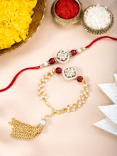 Close-up of Dual Layer Kundan Lumba Rakhi Set featuring maroon & gold thread, kundan & beads work, and gold plating – ideal for Raksha Bandhan | Peora
