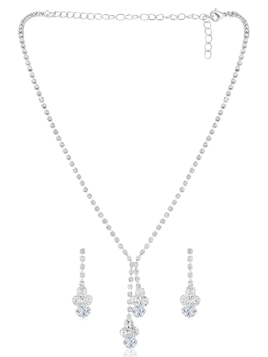 White necklace earrings set crafted from alloy, adorned with cubic zirconia & crystals for an elegant, timeless look | Peora
