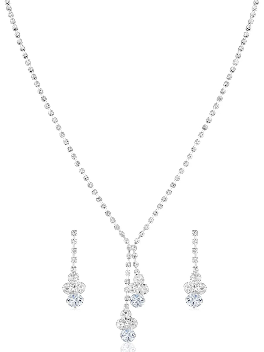 White necklace earrings set crafted from alloy, adorned with cubic zirconia & crystals for an elegant, timeless look | Peora

