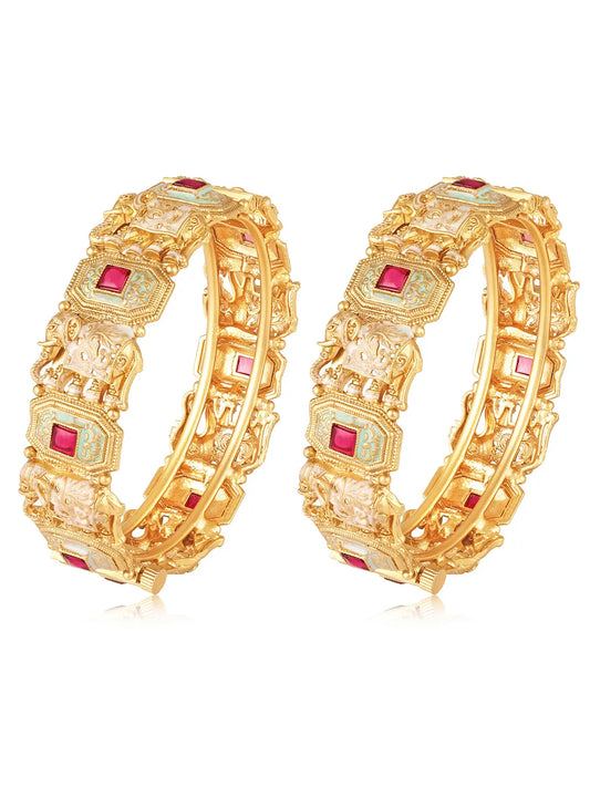 Gold - Rani Pink bangles crafted from brass, adorned with faux ruby for an elegant, timeless look | Peora

