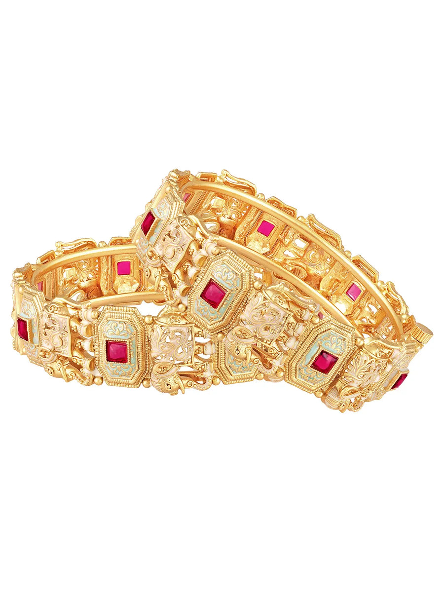 Gold - Rani Pink bangles crafted from brass, adorned with faux ruby for an elegant, timeless look | Peora

