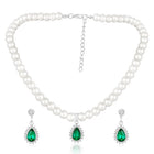 White-Green necklace earrings set crafted from alloy, adorned with pearls cubic zirconia & crystal for an elegant, timeless look | Peora
