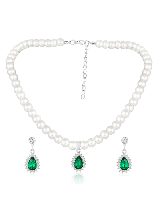 White-Green necklace earrings set crafted from alloy, adorned with pearls cubic zirconia & crystal for an elegant, timeless look | Peora
