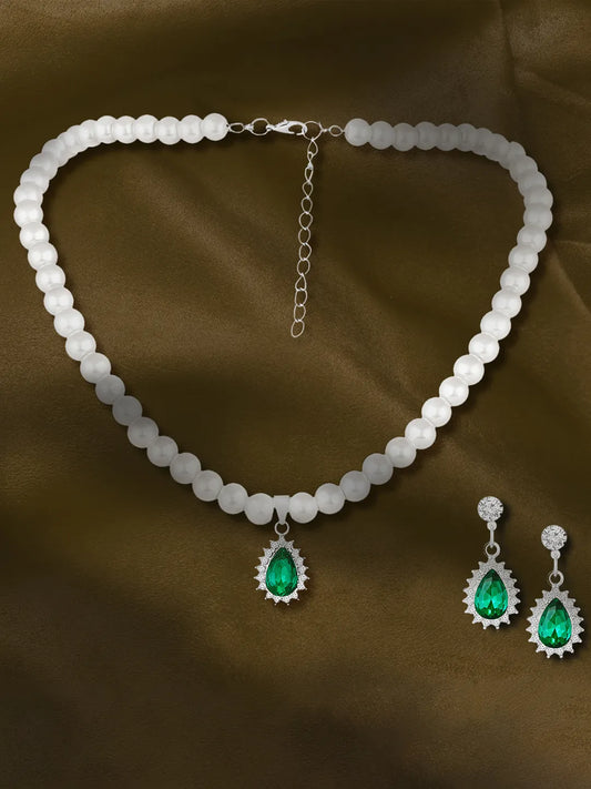 White-Green necklace earrings set crafted from alloy, adorned with pearls cubic zirconia & crystal for an elegant, timeless look | Peora
