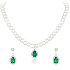 White-Green necklace earrings set crafted from alloy, adorned with pearls cubic zirconia & crystal for an elegant, timeless look | Peora
