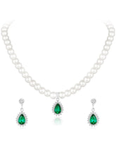 White-Green necklace earrings set crafted from alloy, adorned with pearls cubic zirconia & crystal for an elegant, timeless look | Peora
