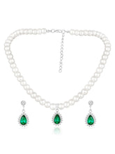 White-Green necklace earrings set crafted from alloy, adorned with pearls cubic zirconia & crystal for an elegant, timeless look | Peora

