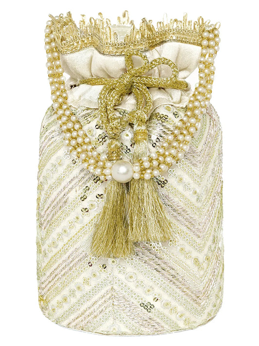 Cream potli bag named Handcrafted Ethnic Potli Purse, featuring artificial beads detailing and soft fabric texture | Peora
