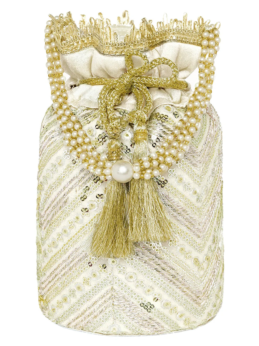 Cream potli bag named Handcrafted Ethnic Potli Purse, featuring artificial beads detailing and soft fabric texture | Peora
