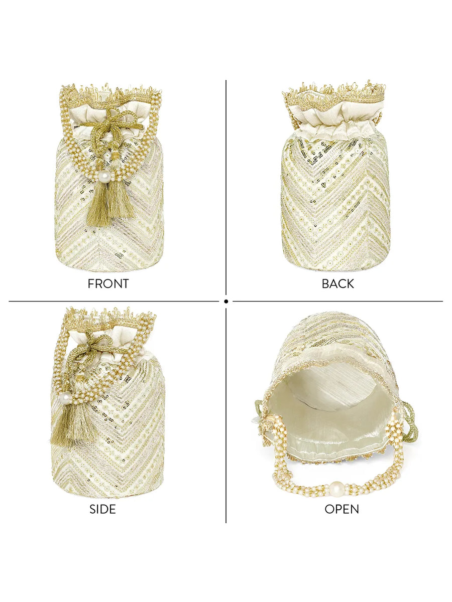 Cream potli bag named Handcrafted Ethnic Potli Purse, featuring artificial beads detailing and soft fabric texture | Peora

