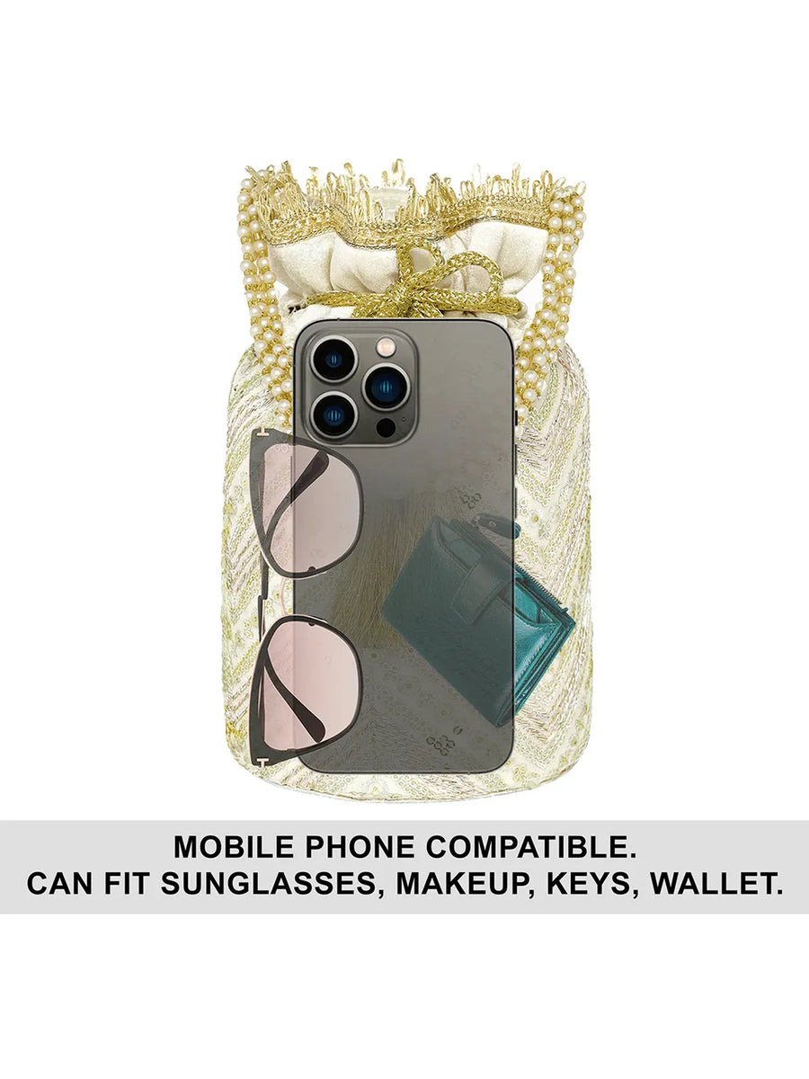 Cream potli bag named Handcrafted Ethnic Potli Purse, featuring artificial beads detailing and soft fabric texture | Peora
